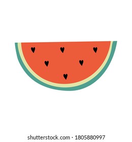 Cute slice of watermelon with seeds in the shape of hearts. Summer vector illustration. Flat vector illustration isolated on a white background. Great design element for sticker, patch or poster. 