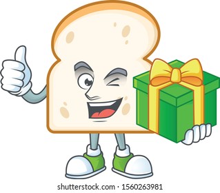Cute slice white bread with mascot holding gift
