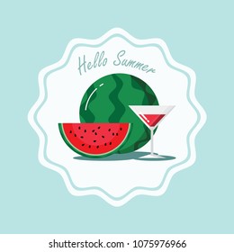 cute slice and whole watermelon with glass of red juice on white wavy circles and light green or mint background, have word "hello summer" on top , summer fruits cartoon graphics vector