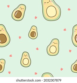 Cute sliced avocado and pink hearts seamless pattern on green background