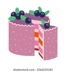 Cute sliced cake with blueberries. Colorful delicious desserts with berries, cream, festive decor and sprinkles. Trendy modern vector illustration isolated on white background, hand drawn, flat