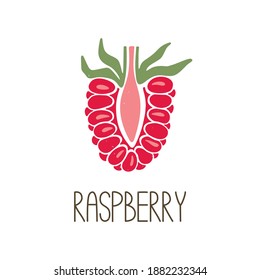 Cute sliced caption raspberry isolated on transparent background. Colorful pictogram original design. Can be used for infographics, identity or decoration. Vector shabby hand drawn illustration
