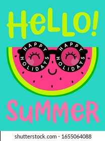 Cute sliced watermelon with sunglasses cartoon character illustration for summer holidays concept.