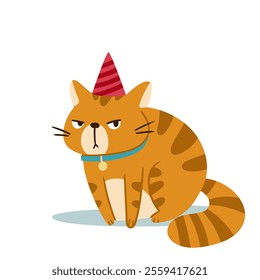 A cute, slightly grumpylooking cat adorned with a party hat, ideal for bringing birthdaythemed designs to life