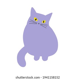 Cute slightly surprised sitting cat. Cartoon flat vector illustration on the white background. Minimalist hand drawn cat illustration
