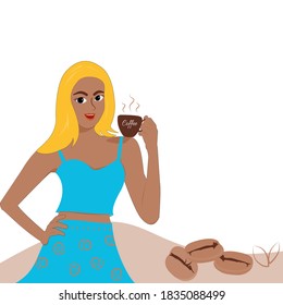 Cute slim girl has yellow hair, wearing light blue dress , Standing with right hand, feet, waist Left hand holding a cup of coffee with coffee mountain. Vector flat design concept for web or banner.