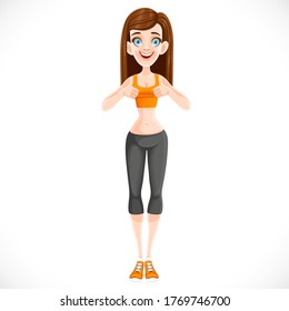 Cute slim girl pleased with the result of losing weight in a static pose isolated on white background