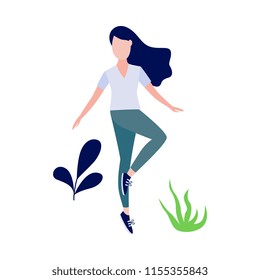 Cute slim girl standing doing yoga exercise or stretching on abstract floral background elements. Young woman and healthy lifestyle and harmony concept. Vector illustration
