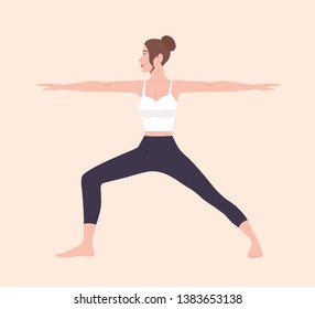 Cute slim woman in Virabhadrasana II or Warrior Pose. Female cartoon character demonstrating Hatha yoga posture. Girl performing gymnastics exercise during fitness workout. Flat vector illustration.