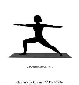 Cute slim woman in Virabhadrasana II or Warrior Pose. Woman standing in yoga asana. Hatha yoga posture. Girl performing gymnastics exercise during fitness workout. Vector illustration.