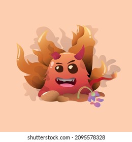 Cute slime fire devil with fire burning cartoon character