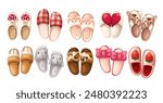 Cute slippers set, cartoon home footwear. Funny models with animal faces and heart parts, camouflage and checkered pattern. Pajama party mascot, cartoon slippers collection vector illustration