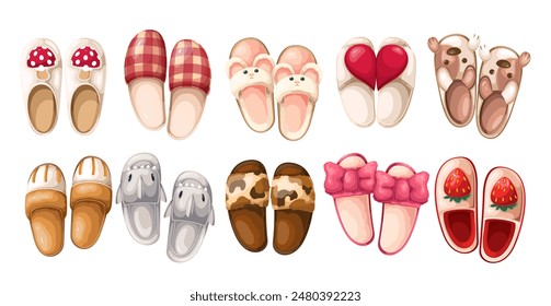 Conjunto de zapatillas lindas, calzado de casa de dibujos animados. Modelos divertidos con caras de animales y partes del corazón, camuflaje y patrón a cuadros. Mascota del partido del pijama, Ilustración vectorial de la colección de las zapatillas de dibujos animados