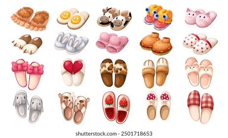 Cute slippers set, cartoon home footwear. Funny slippers collection with animal and emoji face, mushroom and berry on top. Pajama party mascot, cartoon shoes for adults and kids vector illustration