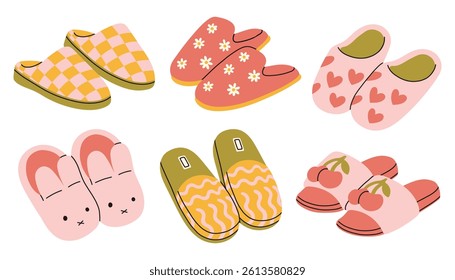 Cute slippers set. Home slipper for kids, isolated footwear collection. Warming house accessories, adult shoes racy vector clipart