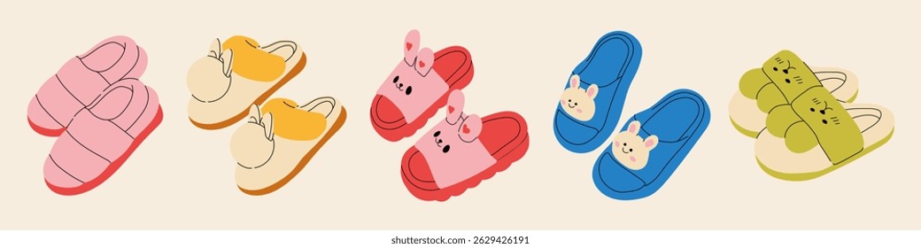 Sapatilhas bonitas. Home chinelo para crianças, coleção de calçados isolados. Aquecendo acessórios da casa, sapatos adultos clipart vetor de raiva. Design moderno e elegante de sapatos para mulheres e crianças.