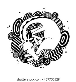 Cute slipping animals: giraffe. Hand drawn vector black and white illustrations. Funny cartoon, doodle for children. Bedtime colouring page with pattern.