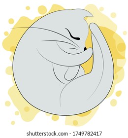 Cute slleping cat flat design on yellow blots background. Awesome light blue (gray) curled up kitten. Thin line style little kitty with long mustache and closed eyes. Tea cup or t-shirt design