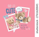 cute slogan with bear doll lover couple in picture flames vector illuustration