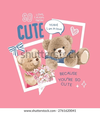 cute slogan with bear doll lover couple in picture flames vector illuustration