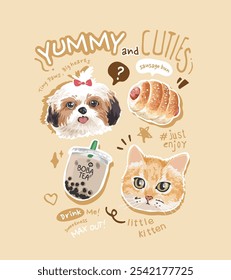 cute slogan with cartoon pets and foods cartoon vector illustration