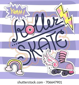 Cute slogan graphic t-shirt with patch roller skates on striped background illustration vector.