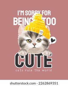 cute slogan with little kitten in yellow bean hat vector illustration