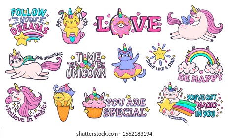 Cute Slogan Patches. Time To Be Unicorn, Shine Like Star And Follow Your Dreams Signs With Happy Cat, Sweet Candies And Magic Pony. Motivation Slogan Vector Sticker Isolated Illustration Signs Set