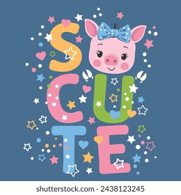 So Cute slogan text with piglet girl face on dark background for t-shirt graphics, fashion prints, slogan tees and other uses