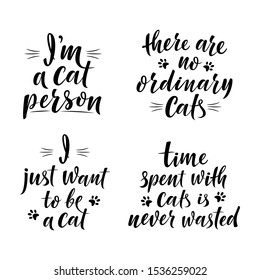 Cute slogans about cats. Handwritten textured sign for cat lovers. I'm a cat person. Lettering phrase for poster design, postcard, t-shirt print or mug print. Vector isolated illustration