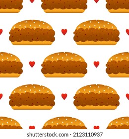 Cute sloppy joe sandwiches, burgers with minced meat and red hearts vector seamless pattern background.