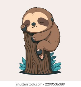 Cute sloth animal mascot sleeping on a tree trunk, with a flat cartoon design