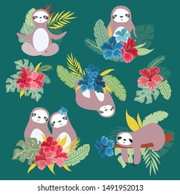 cute sloth animal set with flower on green background