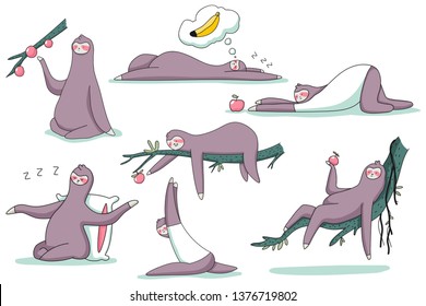 Cute sloth animal vector cartoon characters set isolated on a white background.