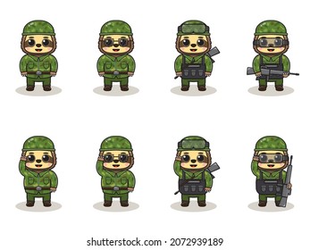 Cute Sloth Army cartoon. Set of Animal soldiers. flat animal cartoon character design. Soldiers Isolated vector illustration.