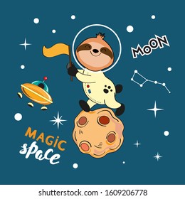 Cute sloth astronaut carries a flag and the inscription magic space on a blue background. Vector illustration of a cute animal for children