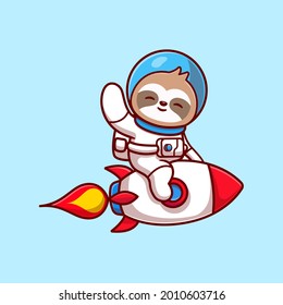 Cute Sloth Astronaut Riding Rocket And Waving Hand Cartoon Vector Icon Illustration. Animal Technology Icon Concept Isolated Premium Vector. Flat Cartoon Style