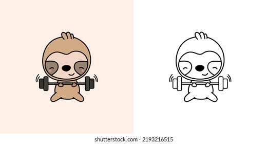 Cute Sloth Athlete Clipart for Coloring Page and Illustration. Happy Clip Art Animal Sportsman. Vector Illustration of a Kawaii Animal for Stickers, Prints for Clothes, Baby Shower, Coloring Pages.
