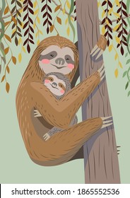 Cute sloth with baby. Jungle animals, plants, tree. Vector illustration.