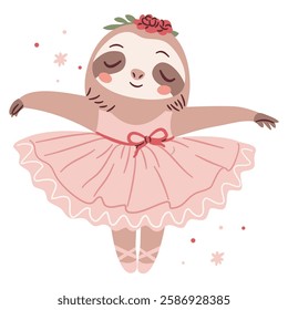 Cute sloth ballerina dancing ballet, ballet tutu. Flat vector illustration in simple child style 