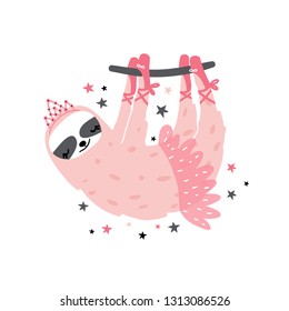 Cute sloth ballerina print. Great for kids apparel, nursery decoration. Vector Illustration