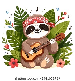 Cute sloth in a bandana sloth sitting and playing guitar, jungle leaves and flowers, cartoon style. Vector illustration.