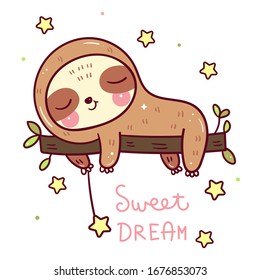 El oso eslogan dulce duerme dulce sueño en un árbol con estrella (animal de Kawaii): Vida silvestre de la jungla, aislada de fondo blanco. Carácter pastel perfecto para los niños Nursery Wall, tarjeta de ducha para bebés.