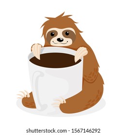 Cute sloth bear holding big cup of coffee scandinavian illustration isolated on white background. Little Sloth drink coffee kawaii childish vector hand drawn art. Morning routine concept