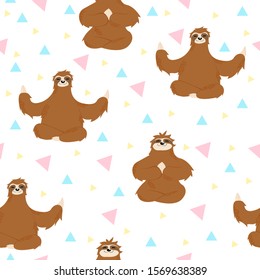 Cute sloth bear in lotus and namaste poses on white background with colorful triangle. Vector seamless pattern with hand drawn sloths in cartoons style. Best for wrapping, textile and web