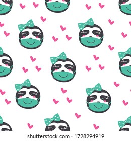 Cute sloth bear with mask and heart seamless pattern. Quarantine life vector ilustration.