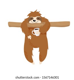 Cute sloth bear on tree brunch holding cup of coffee scandinavian illustration isolated on white background. Little Sloth hang on twig and drink coffee kawaii childish vector hand drawn illustration. 