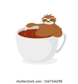 Cute sloth bear sitting in big cup of coffee scandinavian illustration isolated on white background. Little Sloth swim in cup kawaii childish vector hand drawn art. Morning routine concept