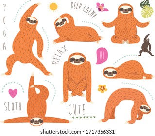 Cute Sloth Bear Yoga Elements Set