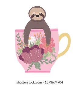 Cute sloth in beautiful teacup isolated on white background. Elegant summer vector. Can be used poster, greeting card, gift, banner, textile, T-shirt, mug.